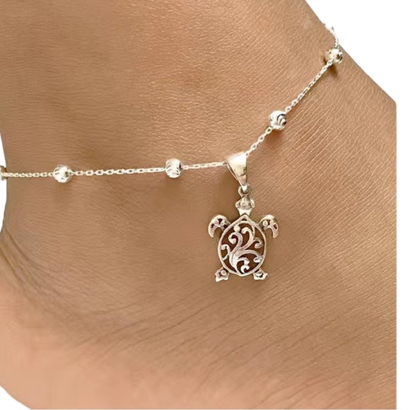 Silver Sea Turtle Charm Anklet - Picture 2 of 5